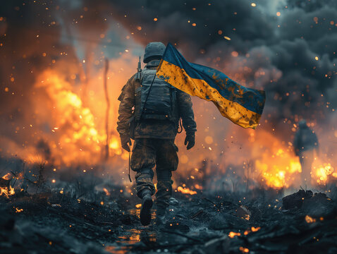 Ukrainian soldier of the territorial battalion during combat operations in fire and explosions. The concept of war and Russian attack on Ukraine.