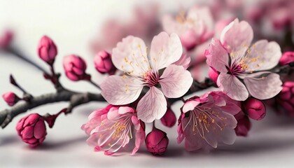 beautiful bright pink cherry flowers close up on a white isolated background