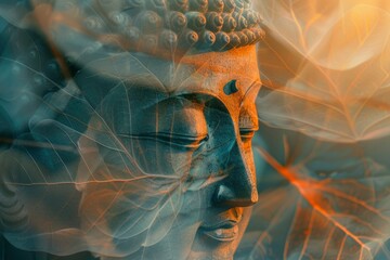 Magha Asanha Visakha Puja Day , Buddha statue , bodhi leaf with double exposure and len flared , soft image and soft focus style - generative ai - obrazy, fototapety, plakaty