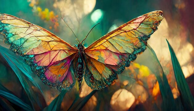 large stunningly beautiful fairy wings fantasy abstract paint colorful butterfly sits on garden the insect casts a shadow on nature the insect has many geometric angles 3d render