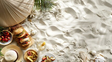 Top view of Beach picnic setup with sandwiches, fruits, and a beach umbrella on the sand with copy space on left side