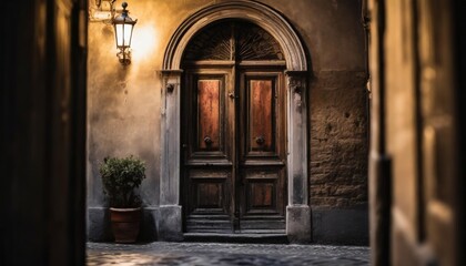 Fototapeta na wymiar old wooden italian door in an old building historical city elements classic european architecture in florence italy