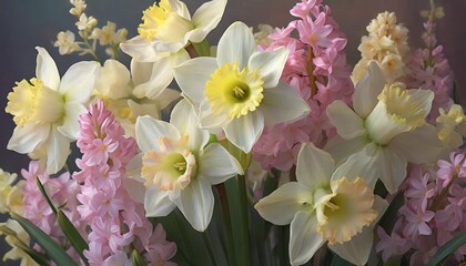 blossoming white and light yellow daffodils pink hyacinths and spring flowers festive background bright springtime bouquet floral card