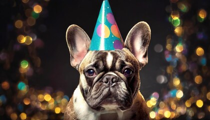 new year sylvester new year s eve party celebration or birthday carnival party funny animalgreeting card french bulldog dog with party hat outfit on black background - obrazy, fototapety, plakaty