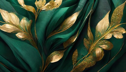 rich emerald green silk artistically laid out with scattered emerald and gold floral elements vertically oriented - obrazy, fototapety, plakaty