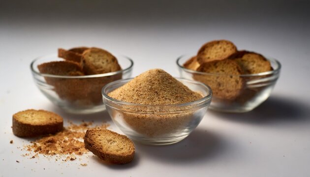 Three Glass Bowls With Handful Of Rusk And Little Glass Bowl With Dried Bread Crumbs Isolated On White Background