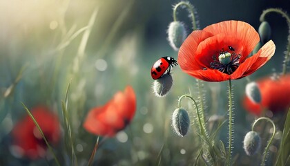 dreamy poppy flowers bloom grass ladybug closeup panorama black and red macro with soft focus spring floral template artistic image nature summer greeting card background