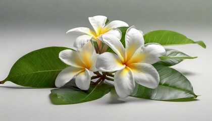Fototapeta na wymiar white frangipani or plumeria tropical flowers with green leaves isolated on white background