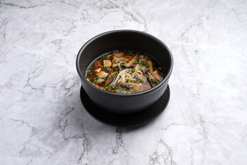 Traditional japanese ramen soup. Beef ramen noodles