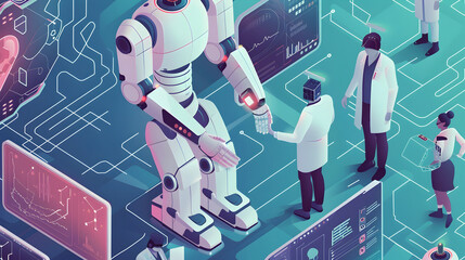 Illustrate a scene depicting AI-powered medical technologies assisting doctors in diagnosing and treating patients.