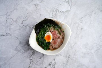 Traditional japanese ramen soup. Beef ramen noodles