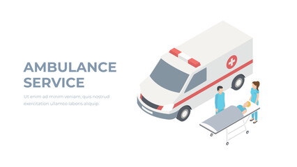 Isometric style ambulance emergency. Medical evacuation accident concept, web infographics vector illustration. Orderlies carry patient stretcher. Creative people website. © Hollypixel