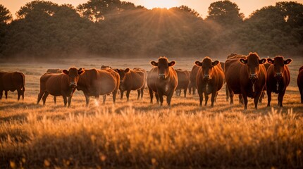 Glowing sunrise on cattle in golden fields 