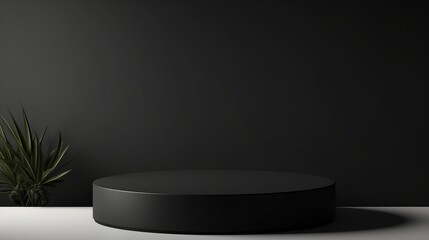 A black circular podium on a dark background with a spotlight. Ideal for product display, especially for showcasing cosmetic designs