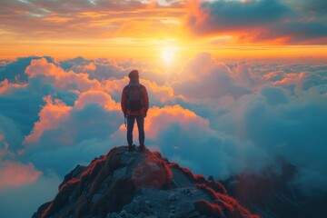 A sense of confidence and joy: the image of a man at the top, surrounded by a beautiful sunset sky and slowly floating clouds - obrazy, fototapety, plakaty