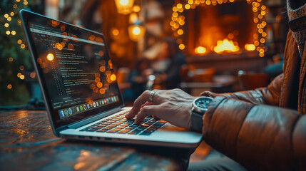 Close-up of hands typing on a sleek laptop in a coffee shop setting.Suggesting remote work or freelancing. Image generated by AI