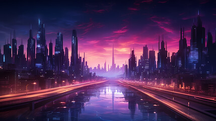 Obraz premium Future city, neon lights and high-rise buildings
