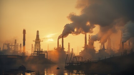 Sunset view of industrial smokestacks