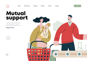 Mutual Support: Skip ahead in line -modern flat vector concept illustration of man letting woman with child go ahead in shop checkout line A metaphor of voluntary, collaborative exchanges of services