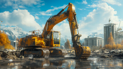 A Single Machine in Action A powerful excavator digging a deep trench on a sun-drenched construction site. Include piles of earth and a few workers in safety gear in the background. generated by AI