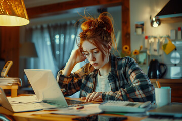Stressed housewife get trouble by calculating monthly expenses at home. Depressed female student tired of online learning