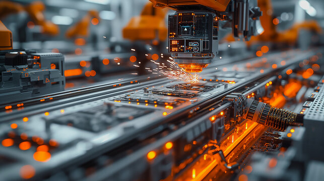 Manufacturing Processes- Assembly lines, robotics, welding sparks, molten metal, product creation Image generated by AI