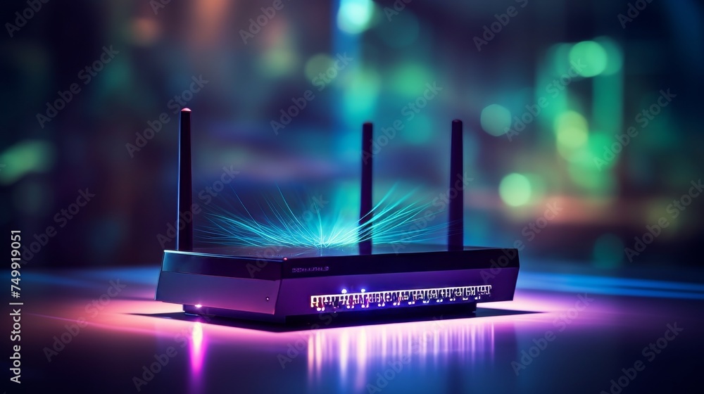 Poster high speed router for secure home networks and online communication on blurred color background
