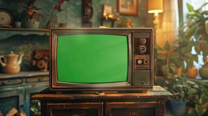 Old retro box tv with green screen mock up on table. Vintage television set with chroma key template. Empty mockup, blank space. Old fashion tv on wooden table in horizontal position. Home background.