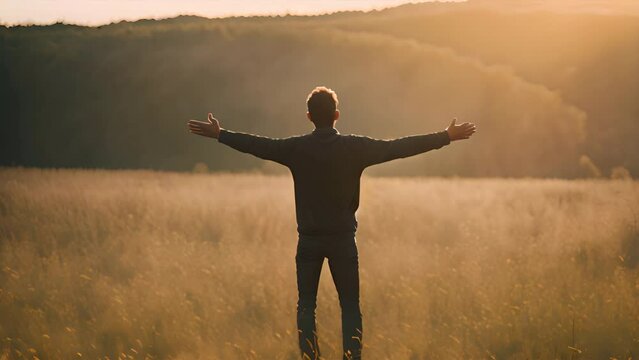 A person stands with arms wide open, embracing freedom atop a mountain, silhouetted against the vibrant sky of sunrise, symbolizing joy, victory, and worship