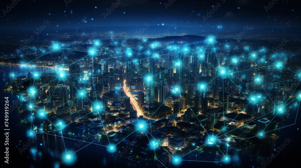 Poster abstract modern cityscape with wireless network and connection technology concept