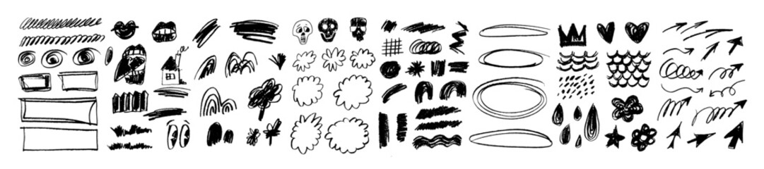 Big vector set of crayon hand-drawn childish punk style doodle icons: arrows, swirls, spirals, hearts, mermaid scales, clouds, trees. Grungy kids black scribbled charcoal queen crown, flower, house - 749919230