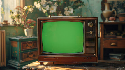 Old retro box tv with green screen mock up on table. Vintage television set with chroma key template. Empty mockup, blank space. Old fashion tv on wooden table in horizontal position. Home background.