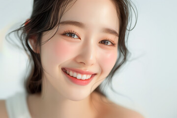 Portrait of beautiful Asian teenager in korean style makeup on white background. Copy space