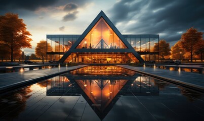 a symmetrical building reflecting in a glass facade 
