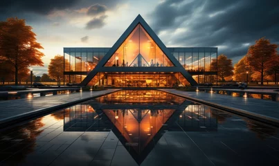 Fotobehang a symmetrical building reflecting in a glass facade  © Pumapala