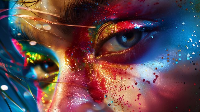 Close-up of a woman's face with vibrant paint splashes, creative makeup artistry in high detail
