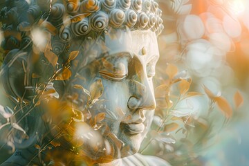 Magha Asanha Visakha Puja Day , Buddha statue , bodhi leaf with double exposure and len flared , soft image and soft focus style - generative ai