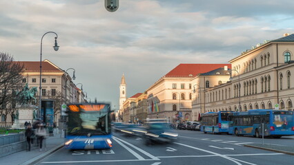 Ludwigstrasse and St.Ludwig church as seen from Odeonsplatz timelapse. Munich, Germany