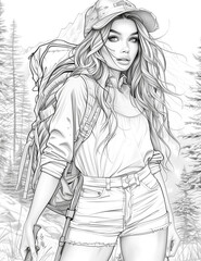 Young cheerful woman traveler with a backpack. illustration for anti-stress coloring books for adults and children.