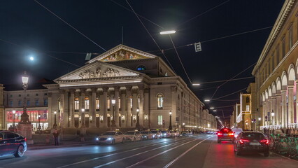 Munich National Theatre on the Max Joseph square night timelapse. Germany