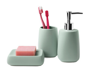 Bath accessories. Different personal care products isolated on white