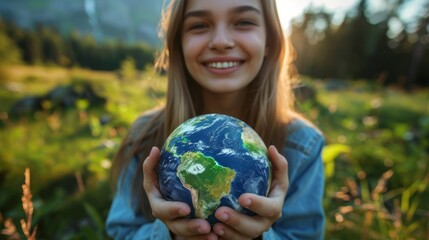 Young child holding a globe. Concept to save the planet, Earth Day, sustainable living, ecology environment, climate emergency action, World Environment Day, illustration for global warming.	
