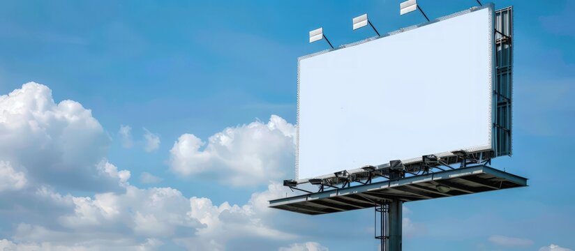 Wide white blank billboard against clear blue sky copy space background. Generated AI image