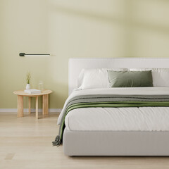 Close up of bedroom interior with bed and bedside table with decor, light green wall, 3d render