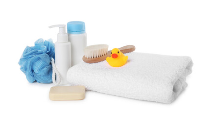 Obraz na płótnie Canvas Baby cosmetic products, bath duck, brush and towel isolated on white