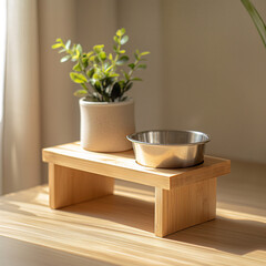 Pet Bowl Stand. Simple Elegance in Bright Surroundings. Ai generated.