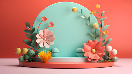 Fototapeta na wymiar Product podium stage with spring wild flower on pastel colors background, mock up for product presentation