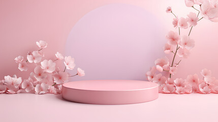 Fototapeta na wymiar Product podium stage with spring branch of blossom tree on pastel pink color background, mock up for product presentation