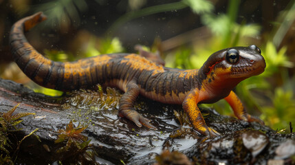 Fototapeta premium A curious newt on a log, showcasing its bright orange colour and textured skin.