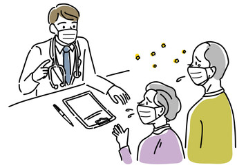 男性医師に相談する花粉症のシニア夫婦（マスク有）